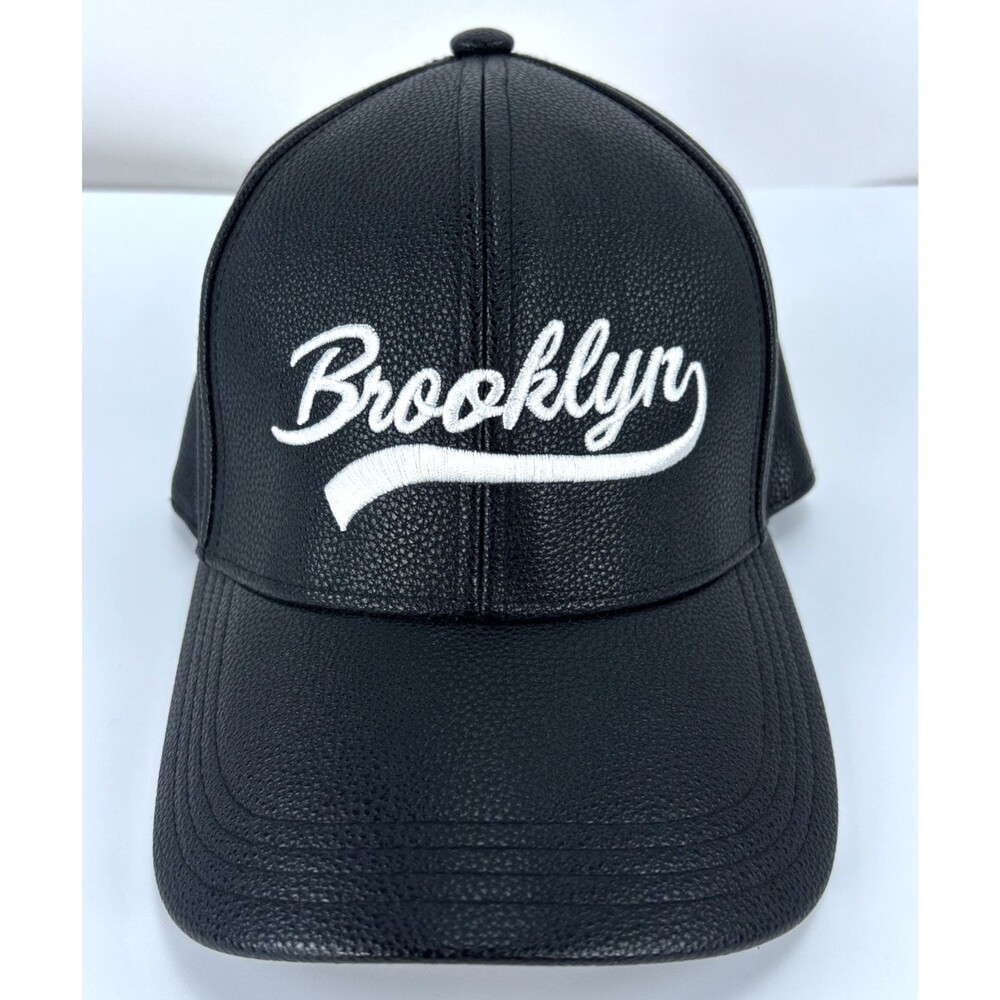 Brooklyn Ball Cap Black/ White Embroider Faux Leather Adjustable Strap Back Mens